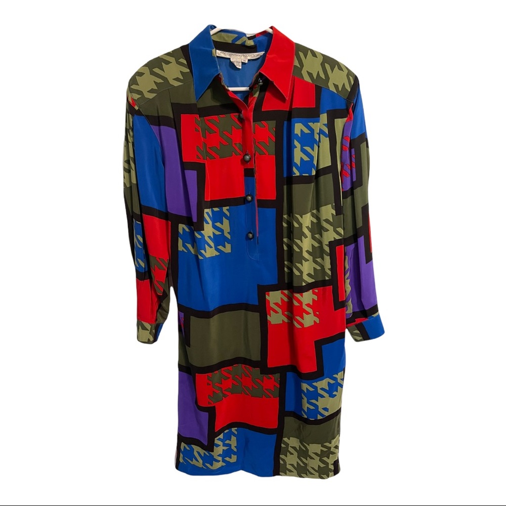 Vtg 1980s Anne Crimmins for UMI Collections Block Colors Silk Dress Sz 10 M CA6